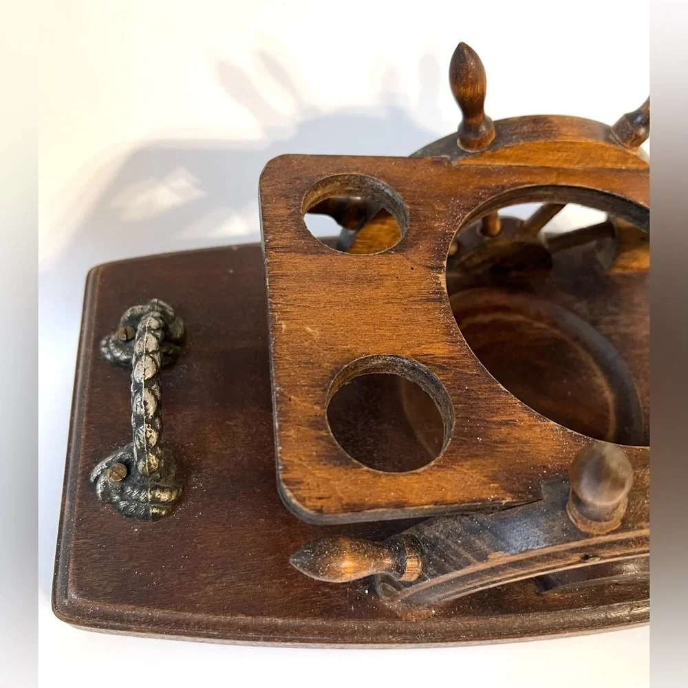 VTG Wooden Stand Ship's Wheel Serving Bar Tray for Bottle & Shot Glasses Handles